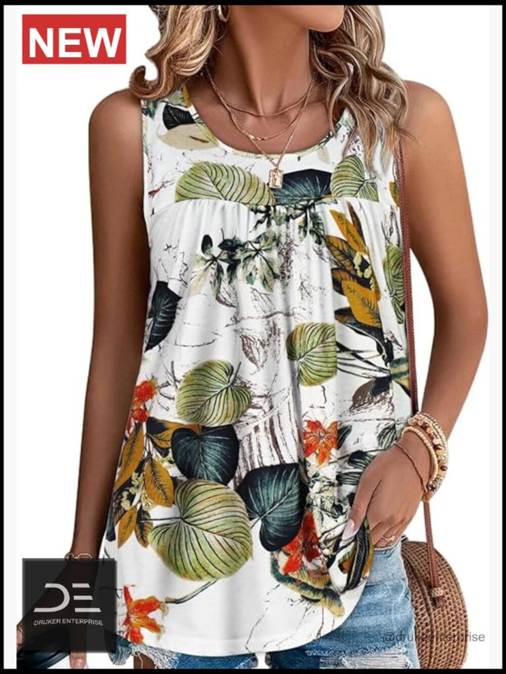 Sleeveless Tank Top - Loose Fit Tunic Blouse - Cotton Blend - Scoop Neck